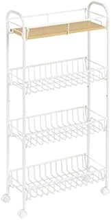 Amazon Basics 4-Tier Storage Trolley with Wooden Shelf - White