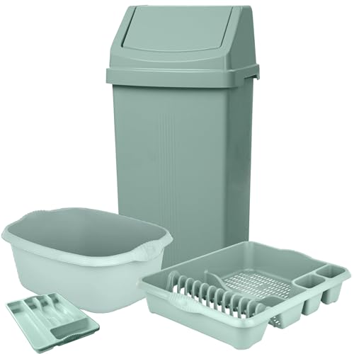 KetoPlastics Sage Green 4 Piece Kitchen Set - 50L Kitchen Bin 14L Rectangular Washing Up Bowl Dish Drainer and Cutlery Tray For Home Kitchen - Made in UK