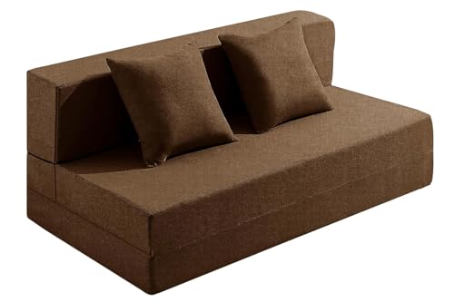 Image of Los Angeles Foldable Two Seater Sofa Cum Bed, Sofa Bed 4 X 6 Feet, Jute Fabric Washable Cover Including Two Cushion Perfect for Living Room & Office, Guest Room - Brown Color