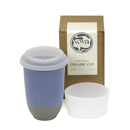 Image of NOVA CERAMICS Travel Mug - Ceramic Coffee Mug With Lid - Microwave & Dishwasher Safe Coffee White & Grey Tumbler - Fits In Cup Holder - 12oz - Coastal Drift
