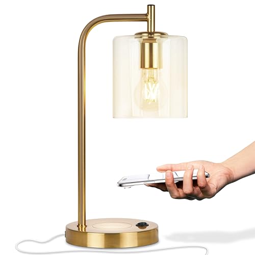 Brightech Elizabeth Table Lamp with Wireless Charging Pad and USB Port, Bedside Reading Lamp, Vintage Brass Gold Desk Lamp, Nightstand Lamp with LED Bulb for Bedroom, Living Room, Office