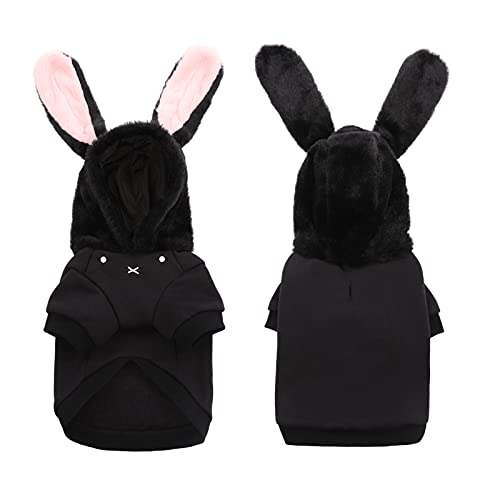 Queenmore Dog Costume, Bunny Rabbit Hoodie Fleece Lining Cold Weather Clothes For Small Dogs And Cats Black, X-Small #TOP11