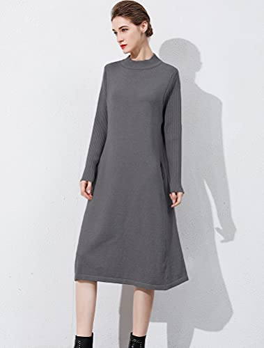 Minibee Women's Long Sleeve Sweater Dresses Pullover Casual Turtleneck Knit Sweater Long Dresses With Pockets Gray L #TOP2