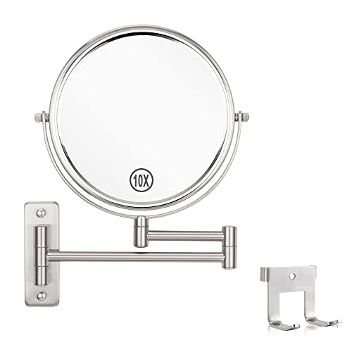Cerdeco 8 Inch 10X Double Sided Makeup Wall Mount Mirror With Hook Nickel Finished 360° Swivel Extendable Cosmetic Shaving Mirror Magnification Mirrors #TOP29