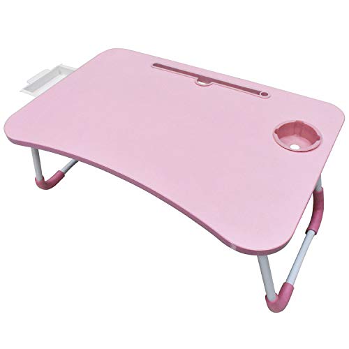 Laptop Lap Desk, Foldable Laptop Table, Laptop Stand for Bed, Dinner Coffee Breakfast Tray Table with Cup Holder Drawer Storage Folding Legs, Standing Desk for Laptop Writing Bed Sofa Couch (Pink)
