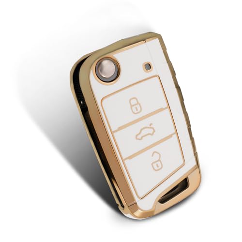 WORCAS Flip Key Fob Case Compatible with VW Golf 7 Mk7 Polo Jetta4 Touran T-ROC Tiguan Seat Leon 3 Ibiza4 5 Toledo4 Arona Ateca Skoda Rapid(Gold-White)