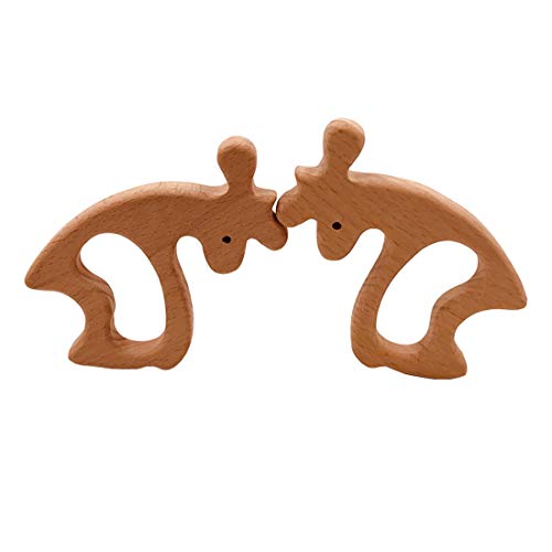 Wendysun 2pcs Lovely Cartoon Wood Teether Pure Natural Animal Deer Shape Baby Teething Nursing Beech Teether Baby DIY Pendant Toy (2pcs)