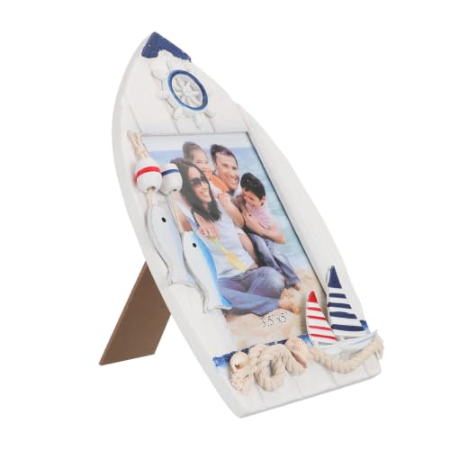 Vintage Wooden Boat Shaped Photo Frame Mediterranean Style Tabletop Decor | Movable Back Support, Protects Family or Travel Pictures, Elegant Shelf Display Accent for Dining Rooms and Offices