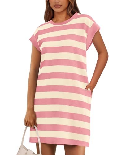 Image of BTFBM Casual Dresses for Women 2026 Summer Striped Tshirt Short Dress Loose Cap Sleeve Beach Vacation Clothes Pockets