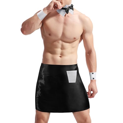 FakeFace Herren Kellner Barkeeper Butlers Stripper Kostüm Gentleman Outfit Sexy Kragen mit Fliege Manschetten kurze Schürze-Set Cosplay, Karneval, Mottoparty, Junggesellenabschied