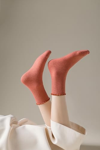 Women Ruffle-Wool Lettuce Edge Ruffle Ankle Socks for Women, Cozy Knit Turn-Cuff Crew Socks with Frills, Casual Warmth and StyleCuff Socks, Black, Tan, Orange, White, Dark Brown, One Size2