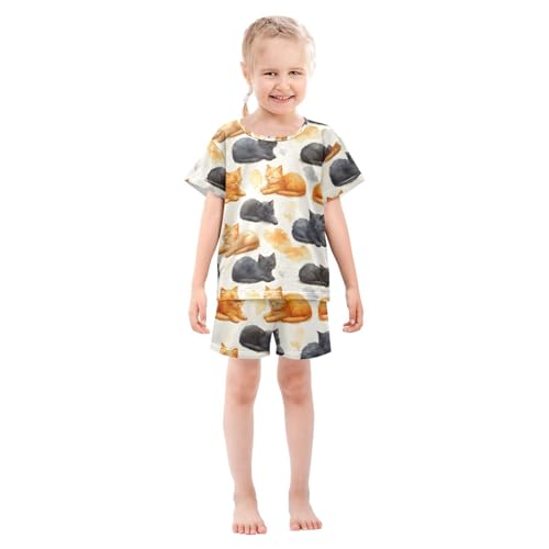 ALAZA Sleeping Cat Kitten Pajamas Set Short Sleeve Cotton Sleepwear Summer Pjs 2 Piece 5-14Y3