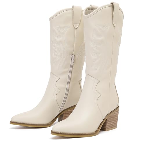 Mid Calf Boots for Women Flat Casual Round Toe Fashion Calf High Boot Buckle Dressy Fall and Winter Low Heeled Womens Boots. 10 White Pu 977
