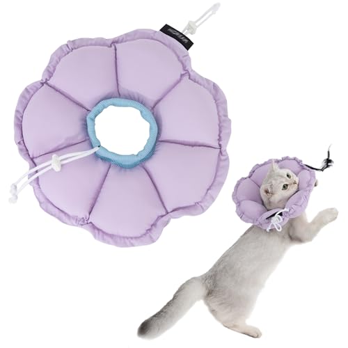 エリザベスカラー 猫用 小型犬用 術後ケア 内外調整可能 柔らかい 嫌がらない 布製 軽量 防水 傷舐め防止 引っ掻き防止 飲食妨げない 可愛い花型 (ラベンダー, S(首回り13-22cm))