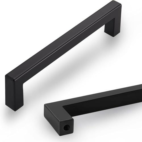L&lonpa Lot de 10 poignées d'armoire noires mates avec espacement des vis de 128 mm poignées d'armoire carrées durables et modernes pour armoires de cuisine...