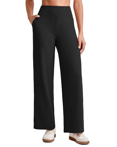 G4Free Wide Leg Yoga Pants for Women Ankle Length Cropped Yoga Dress Pants with Pockets High Waisted Petite Casual Travel Trousers for Fashion Clothes(Black,S,Petite)