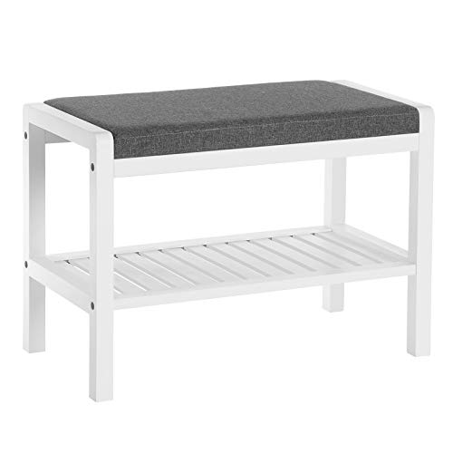 SONGMICS Shoe Rack Bench with Cushion Upholstered Padded Seat, Storage Shelf, Shoe Organizer, Holds Up to 350 lb, Ideal for Entryway Bedroom Living Room Hallway Garage Mud Room Gray and Whit