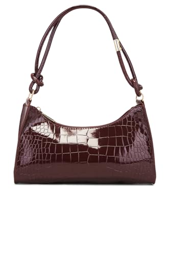 Women's Shoulder Hobo Bag,Wine Red Croc Embossed PU leather Tote Handbag,Small Metallic Crocodile Print Purse
