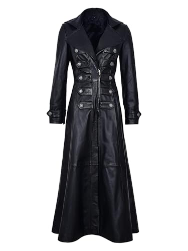 Ladies Black Genuine Leather Trench Coat - Full Length Gothic Rock Style Double Breasted Overcoat