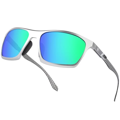 Image of BIRCEN Men Sunglasses Polarized UV-Protection: Carbon Fiber Wrap Around Black Sport Shades for Mens Driving Fishing Golf, Large, H-silver /Green