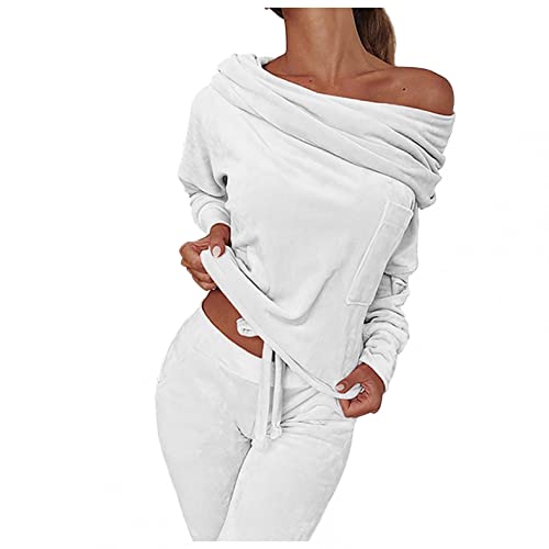 ADITAM Conjunto de Pijamas para Mujer, Ropa de Dormir Suave y cálida con Hombros Descubiertos, Top y pantalón de Manga Larga con Cuello Fruncido, Ropa de Dormir Holgada Lisa Double The Comfort
