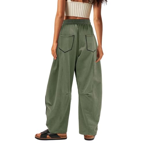 Womens Barrel Wide Leg Pants, Plus Size Drawstring Waist Sweatpants, 2025 Fall Casual Beach Palazzo Trousers with Pockets2