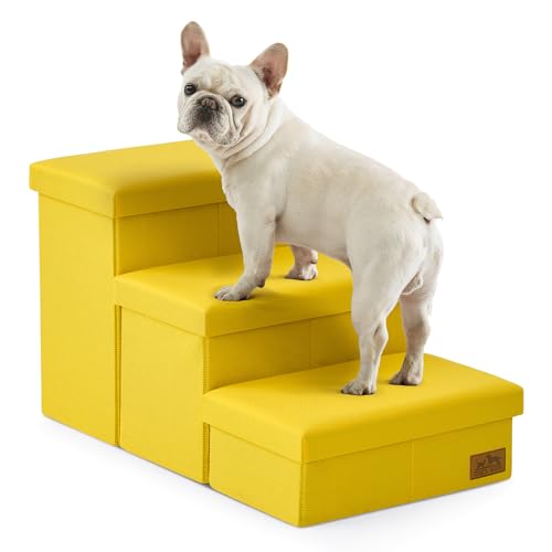 Image of Dog Stairs with Storage, 3-Step Wider Sturdy Dog Steps for Small /Medium /Large Dogs and Older Cats, Folding Doggie Ramp for Bed /Couch /Car Hold Up to 180 lbs (16.7 inch H, Yellow)