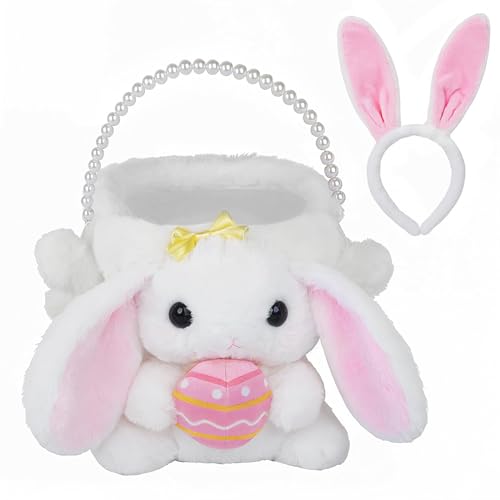 digi Easter Basket Stuffers for Toddler Plush White Bunny Easter Basket with Easter Bunny HeadbandEaster Basket Plush Playset for Party Favors Easter DecorationsEaster Gifts for Baby Kids