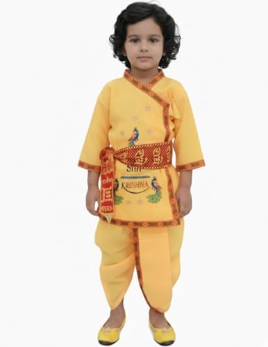 Image of BookMyCostume Cotton Shri Krishna Dress For Baby Boy|Print Krishna Costume For Kids With Patka|Janmashtami Photoshoot Outfit|Kanha Dress For Baby Boy|Fancy Dress Costumes For Kids|6-12 Months