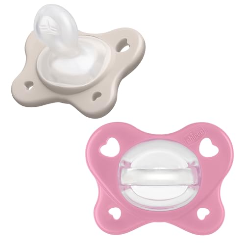 Image of Chicco PhysioForma Dual Soft Orthodontic Pacifier for Babies 6-16 Months, 100% Soft Silicone, Supports Breathing, One-Piece Design, Included Sterilizing Case, BPA Free, 2-Pack, Grey /Dusty Rose