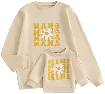 Karwuiio Mommy and Me Fall Outfits - Mama and Mini Matching Letter Print Pullover Sweatshirts (Apric...