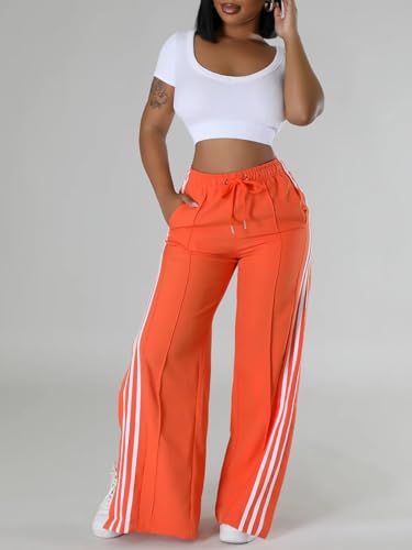 Alunzoem Womens Wide Leg Pants High Waist Striped Side Slit Stretch Casual Loose Drawstring Pant Trousers4