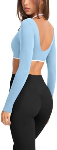 Womens Long Sleeve Tops Halter Neck Color Block Built in Bra Shell Blue S - 2