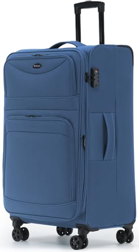 Münicase Stoffkoffer erweiterbar mit Frontfächern,15% Extra-Volumen, TSA-Schloss, 360° Doppelrollen & verdecktem Namensschild (Dunkelblau, Koffer XL (79 cm) erweiterbar)