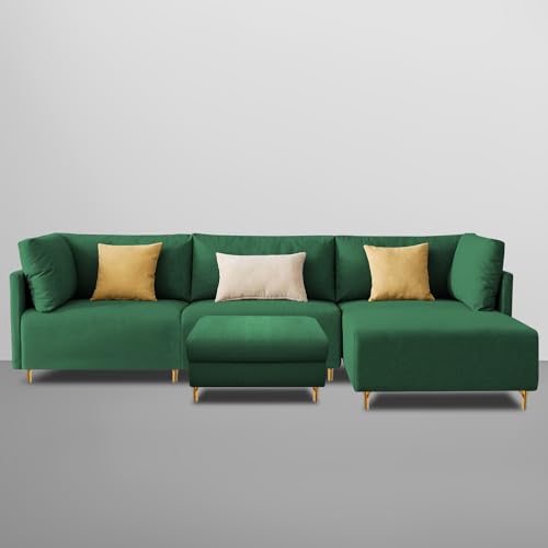 Image of Carina RHS 4 Seater L Shape Sofa Set with Center Table for Living Room (Green Fabric) Premium Fabric Sofa