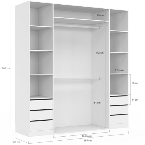 Dressing double TAYLOR 185 x 55 x 200 cm avec étagères + double penderie + tiroirs - vue 6