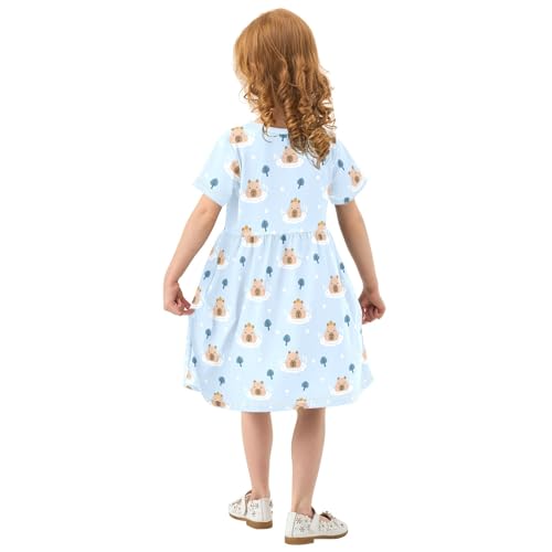Cute Bathing Capybara with Flowers Summer Girls Short Sleeve Dress Casual Dresses Beach Sundress for 2-8 Years3