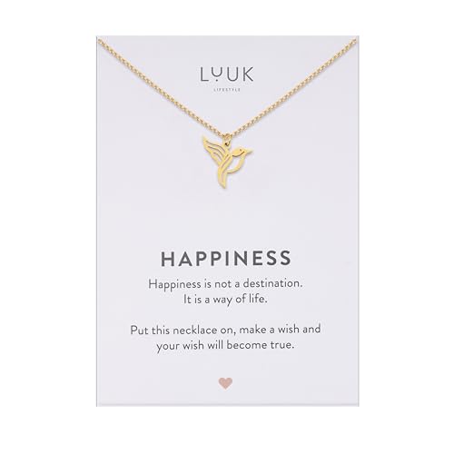 LUUK LIFESTYLE Collar con colgante colibrí y de acero inoxidable tarjeta frase HAPPINESS (50 cm), cadena resistente al agua, amuleto de la suerte, joyería minimalista, regalo para mujer, dorado