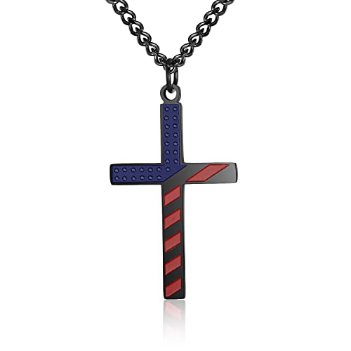 Aiainagi American Flag Cross Necklace Patriotic Jewelry Stainless Steel Engraved Religious Philippians 4:13 Pendant Pendant Gift For Men（Black） #TOP27