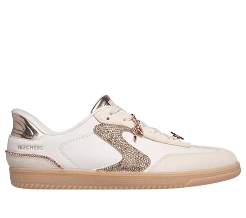 Image of Skechers Women's D'Lites Fan Girl Sneaker | Hands Free Slip-Ins, Duraleather & Suede Sneaker, Rhinestone Details & Charms Lace Up, Air-Cooled Memory Foam Insole
