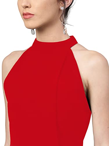 Image of Shasmi Women's Comfortable Red Halter Neck Sleeveless Solid Midi Bodycon Casual Western Stylish Dress