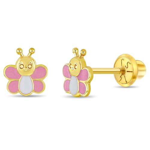 14k Yellow Gold Small Pink & White Enamel Butterfly Earrings for Toddler Girls - Delicate and Unique Tiny Bug Screw Back Girl Earrings