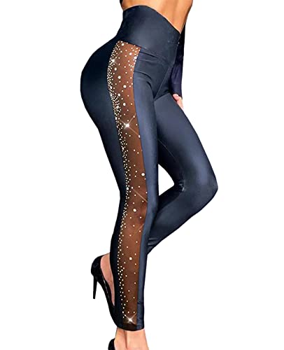 Leggings de piel sintética Y2K pantalones ajustados negros cintura alta L