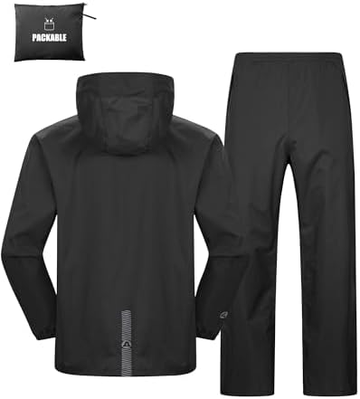 Outdoor Ventures Herren & Damen Regenanzug Packbare Wasserdichte Regenset | Reflektierender Regenkleidung, Winddicht, Leichter Regenkombi, 5 Taschen, Atmungsaktiv, Fischen, Wandern