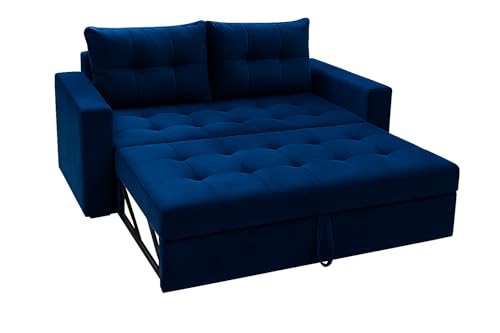 Image of FURNY Tressa 2 Seater Fabric Pull-Out Sofa Cum Bed (Blue) | Premium Velvet Finish | Durable Comfort | Ideal for Living Room