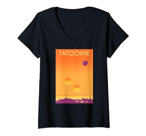 T-shirt Star Wars Tatooine col V avec silhouette de paysage geek