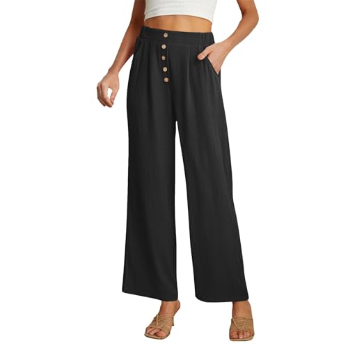 Pantalones de lino para mujer, de lino y lino, ligeros, anchos, de verano, para el tiempo libre, con bolsillos, 7/8, pantalones de yoga Palazzo, elásticos, pierna ancha, pantalones de relajación