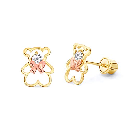 Wellingsale 14K Two Tone Bear Stud Earrings With Screw Back