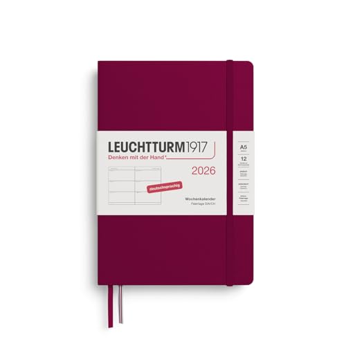 LEUCHTTURM1917 372527 Wochenkalender Medium (A5) 2026, 12 Monate, Port Red, Deutsch*