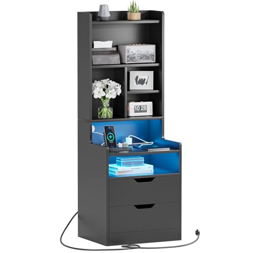 ADORNEVE Tall Night Stand with Charging Station and LED Lights Nightstand with Bookshelf Bedside Table with Drawers & Power Outlets End Side Table for Bedrooms (Black)